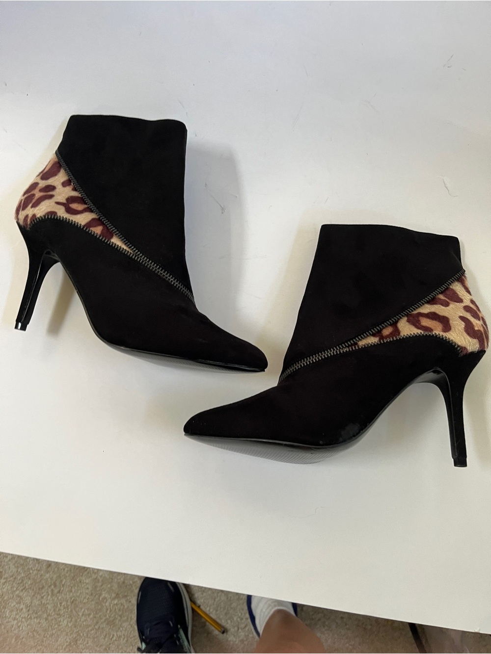 Kelly & Katie Black Suede Ankle Booties with Leopard Detail